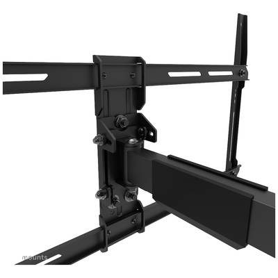 Bild zeigt eine schwarze TV-Wandhalterung aus Metall mit mehreren Schrauben und Gelenken zur Befestigung und Einstellung.