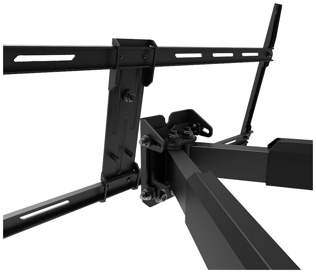 Ein schwarz lackiertes Metallscharnier verbindet zwei rechtwinklige Streben. Es ist mit Schrauben an einem metallenen Rahmen befestigt.