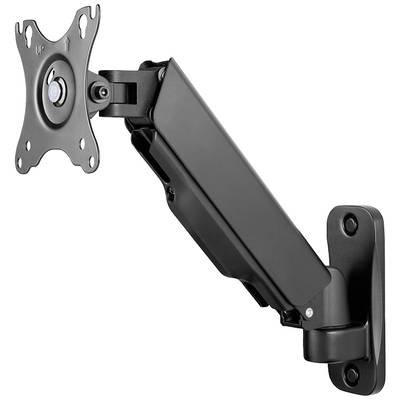 Schwarze, verstellbare Monitorhalterung aus Metall, zur Wandmontage. Geeignet für Bildschirme. Enthält Schwenk- und Neigungsmechanismus.