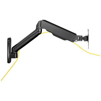Schwarzer schwenkbarer Monitorarm montiert an einer Wand mit gelbem Kabel.