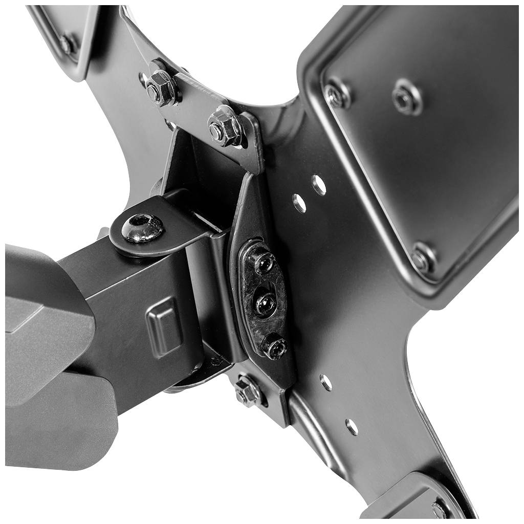 Nahaufnahme einer schwarzen Metallhalterung mit Schrauben und Gelenken, die Flexibilität und Stabilität für elektronische Geräte bietet.