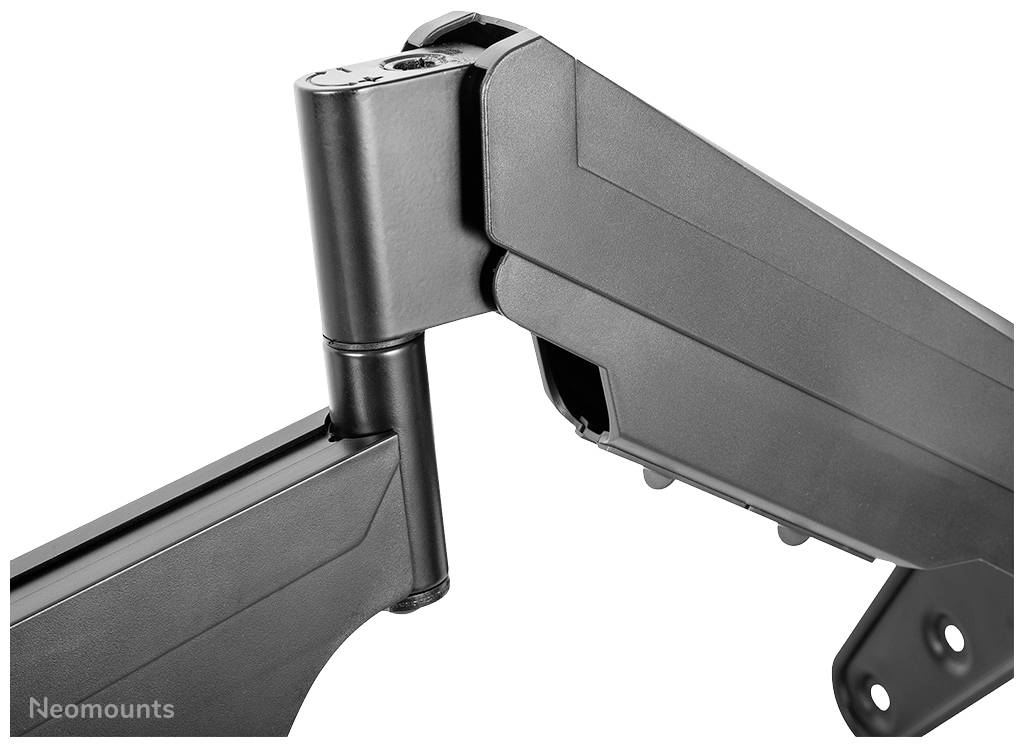 Nahaufnahme eines schwarzen Monitorarms mit Gelenk, der Flexibilität und Anpassungsmöglichkeiten für Bildschirmpositionierung zeigt.