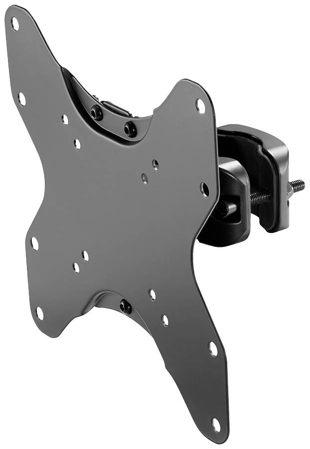 Metallische Monitorhalterung mit mehreren Befestigungslöchern; geeignet zur Montage an einer Wand oder einem Schreibtisch.