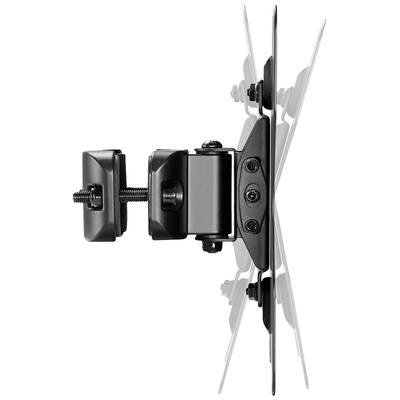 Seitenansicht einer schwarzen TV-Wandhalterung mit verstellbarem Gelenk, das es ermöglicht, den Bildschirm flexibel zu neigen.