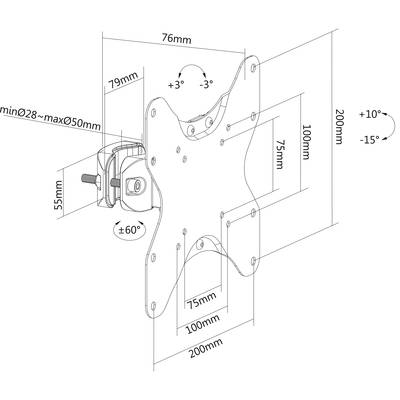 Technische Zeichnung einer schwenkbaren TV-Halterung, zeigt Maße und Neigungswinkel: 76mm Breite, 100mm Höhe, schwenkbar ±60°.