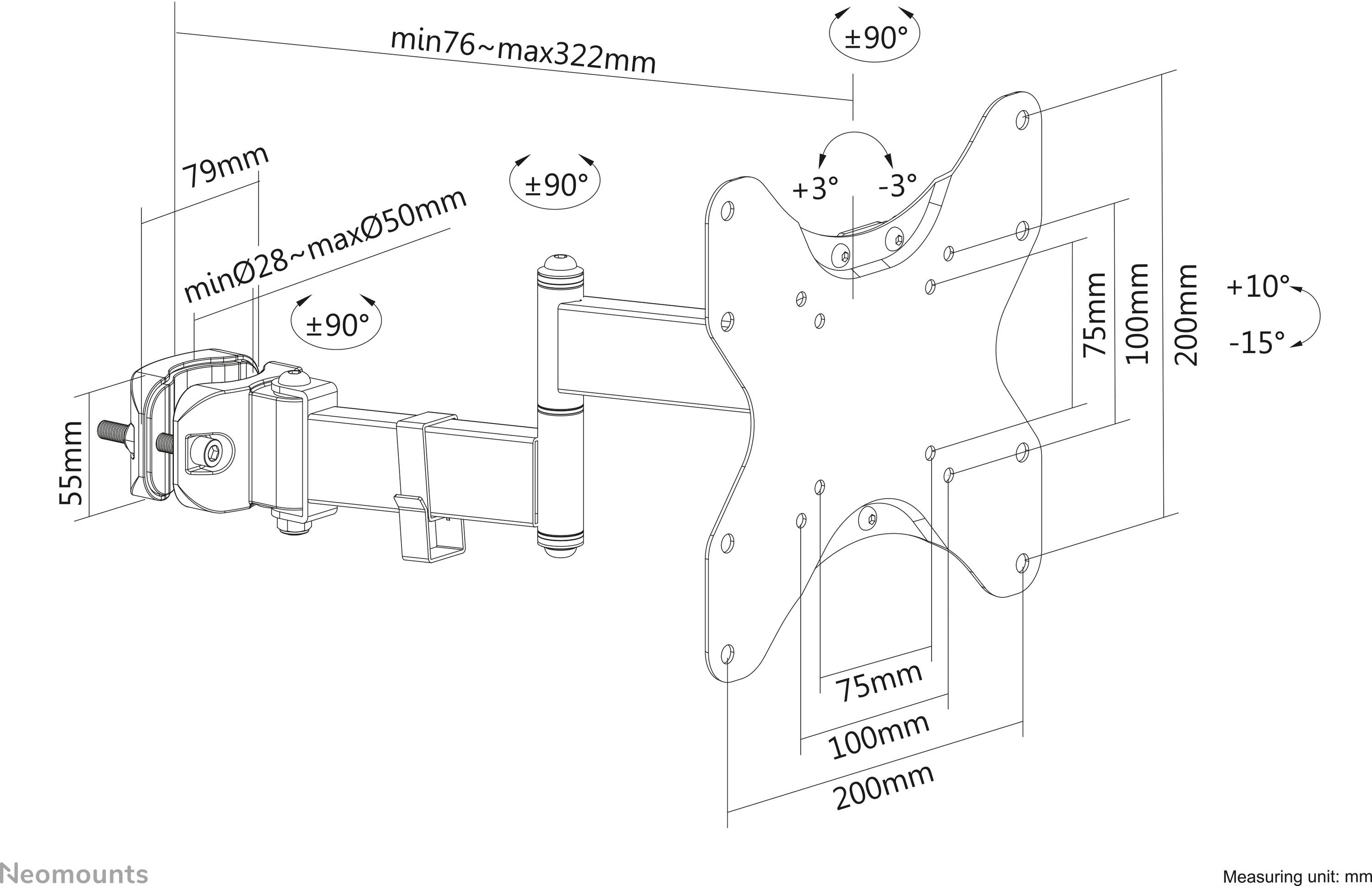 'Abbildung von einem verstellbaren Wandhalterungsarm für Monitore. Zeigt Maße, Dreh- und Neigebereiche in Millimetern.'