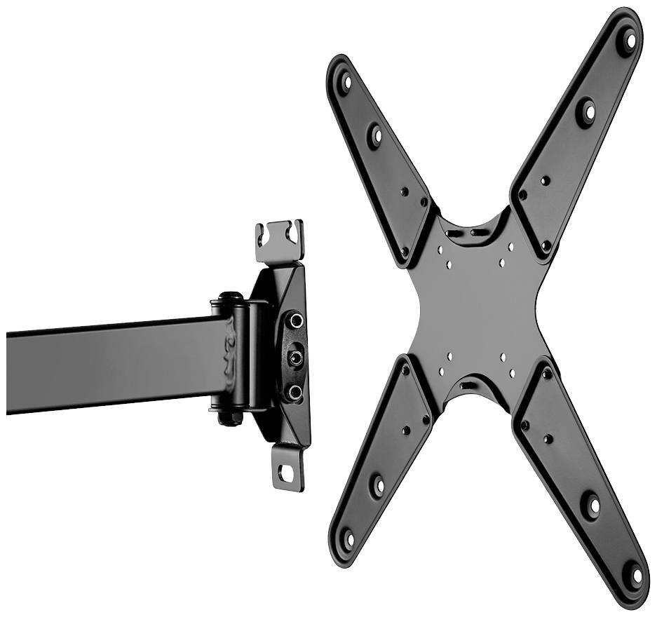 Ein schwarzer TV-Wandhalter mit schwenkbarem Arm und VESA-Montageplatte, geeignet zur Befestigung von Fernsehern an der Wand.