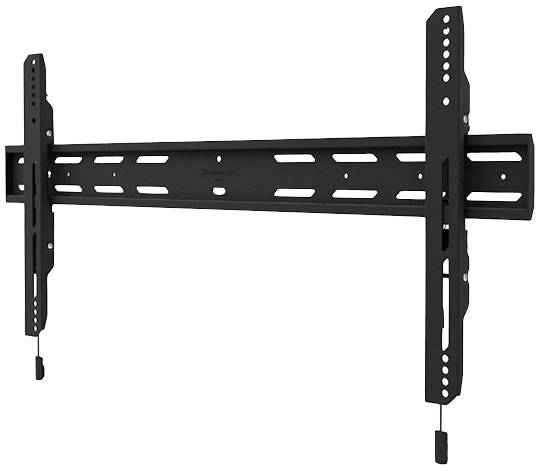 Eine schwarze, flache TV-Wandhalterung mit mehreren Befestigungslöchern für verschiedene Bildschirmgrößen.