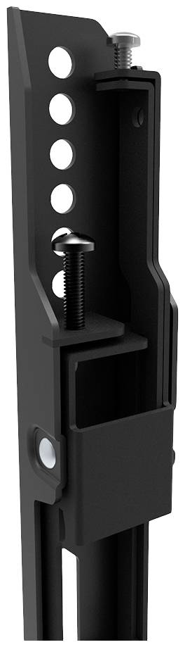 Ein schwarzes Metallmontageteil mit mehreren runden Löchern und Schrauben. Es scheint für Befestigungs- oder Anpassungszwecke gedacht zu sein.