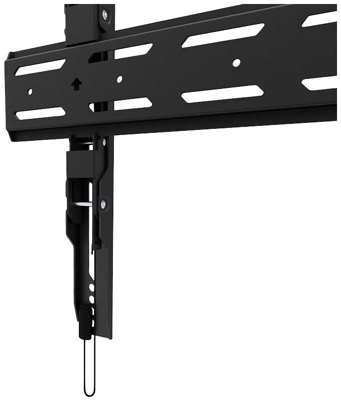 Eine schwarze TV-Wandhalterung mit verstellbaren Armen und Schrauben. Sie zeigt ein solides Metall-Design zur sicheren Montage von Bildschirmen.