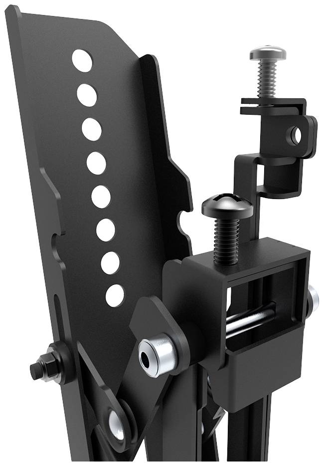 Schwarze, verstellbare Metallhalterung mit mehreren Löchern und Schrauben, geeignet zur Befestigung oder Anpassung von Gegenständen.