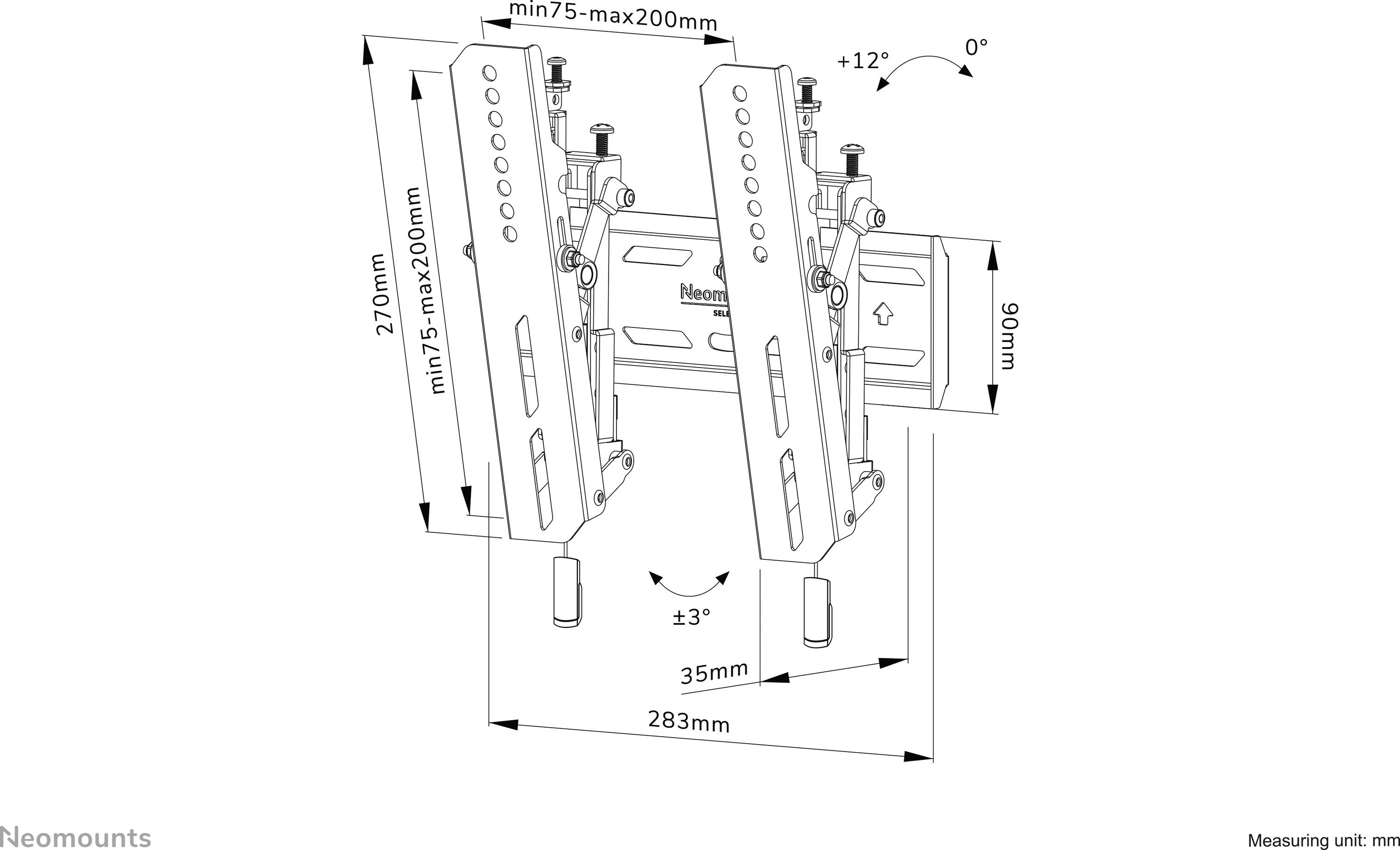 Illustration eines verstellbaren TV-Wandhalters von Neomounts mit Maßangaben in mm: Breite 283, Länge 90-270, Neigung +12°/-3°.