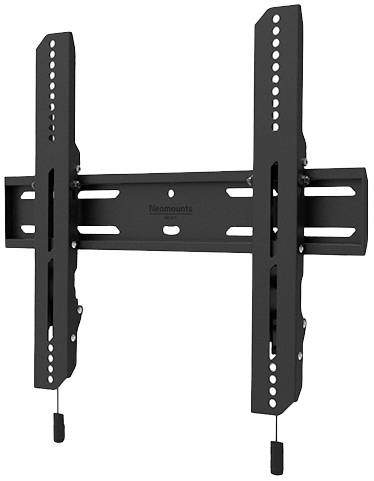 Eine schwarze TV-Wandhalterung mit verstellbaren Halterungen und mehreren Schraubenlöchern zur Befestigung eines Fernsehers an der Wand.