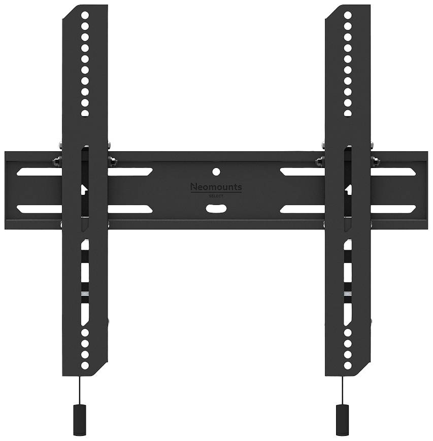 Eine schwarze Wandhalterung für Fernseher, mit einstellbaren Schrauben und Schienen für verschiedene Bildschirmgrößen.