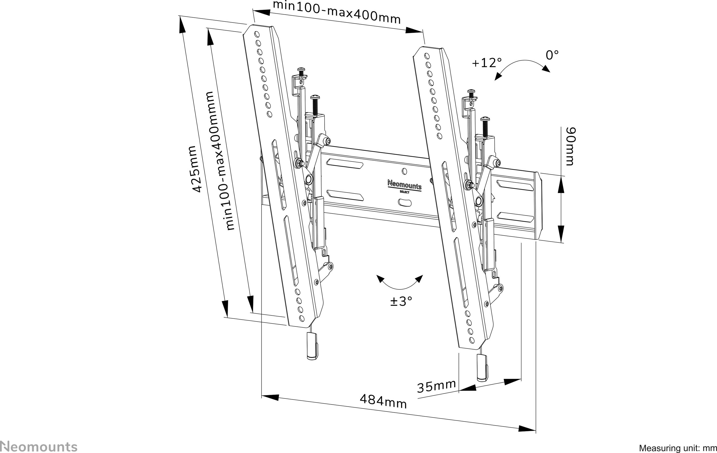 'Illustration einer TV-Wandhalterung mit Neigungseinstellungen. Maße und Neigungswinkel sind angegeben, inkl. min. und max. Größen.'
