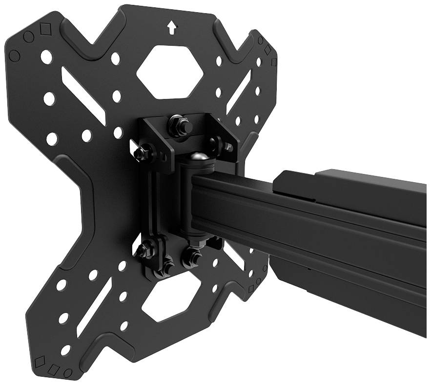 Schwarze, anpassbare TV-Halterung aus Metall, montiert an einem Schwenkarm, geeignet für die Wandinstallation von Flachbildfernsehern.