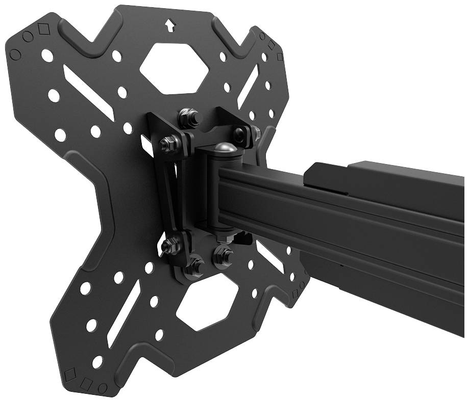 Bild zeigt eine schwarze, verstellbare Monitorhalterung aus Metall mit mehreren Löchern zur Befestigung an einer Wand oder einem Schreibtisch.