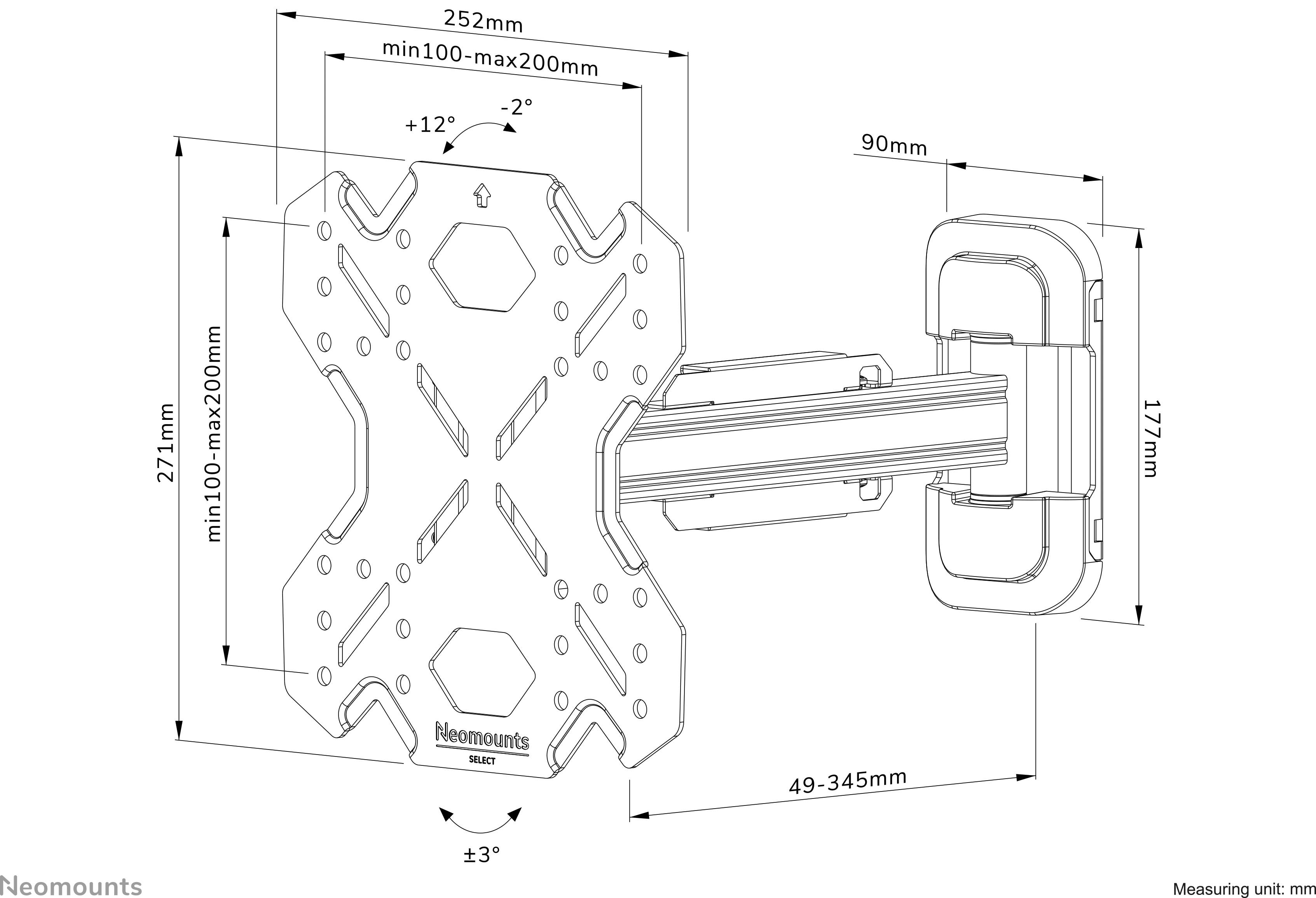 TV-Wandhalterung, verstellbar von 49-345mm, Neigungswinkel -2°/+12°, Schwenkwinkel ±3°, passend für VESA 100x100 bis 200x200mm.