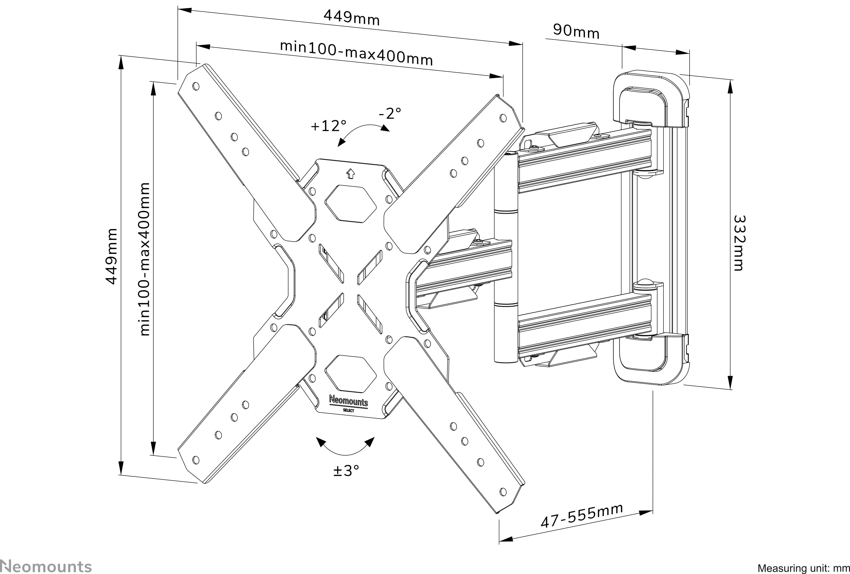 'Technische Zeichnung einer TV-Halterung mit Maßen: max. 400mm Höhe, 449mm Breite, 47-555mm Tiefe. Drehbar ±3°, neigbar ±12°.'