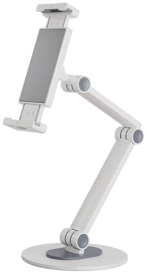 Tablet-Halterung mit verstellbarem Arm und runder Basis. Ideal für freihändige Nutzung auf Schreibtischen oder Arbeitsflächen.