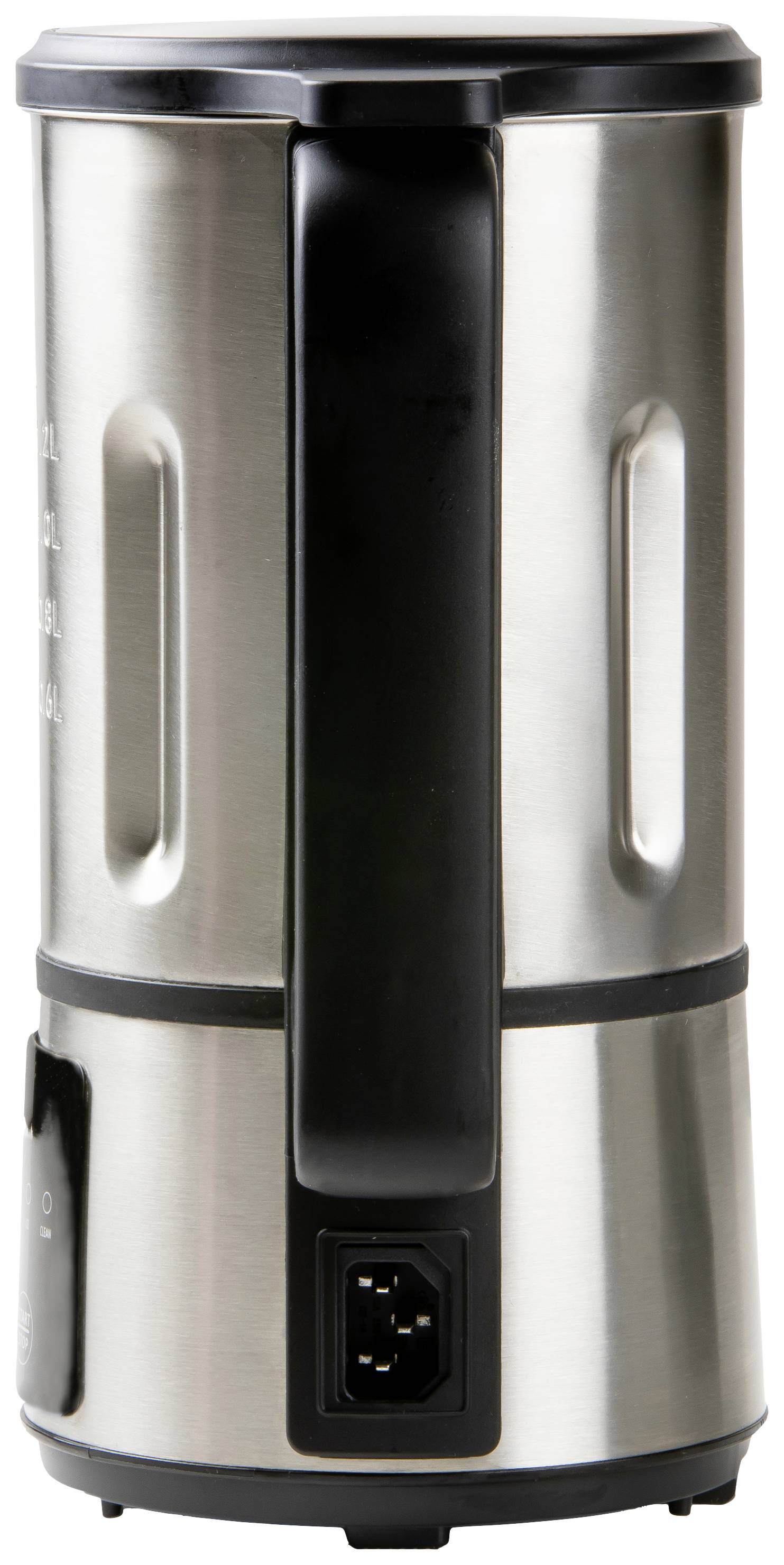 Silberner Wasserkocher mit schwarzem Griff und Basis, vertikaler Ansicht.