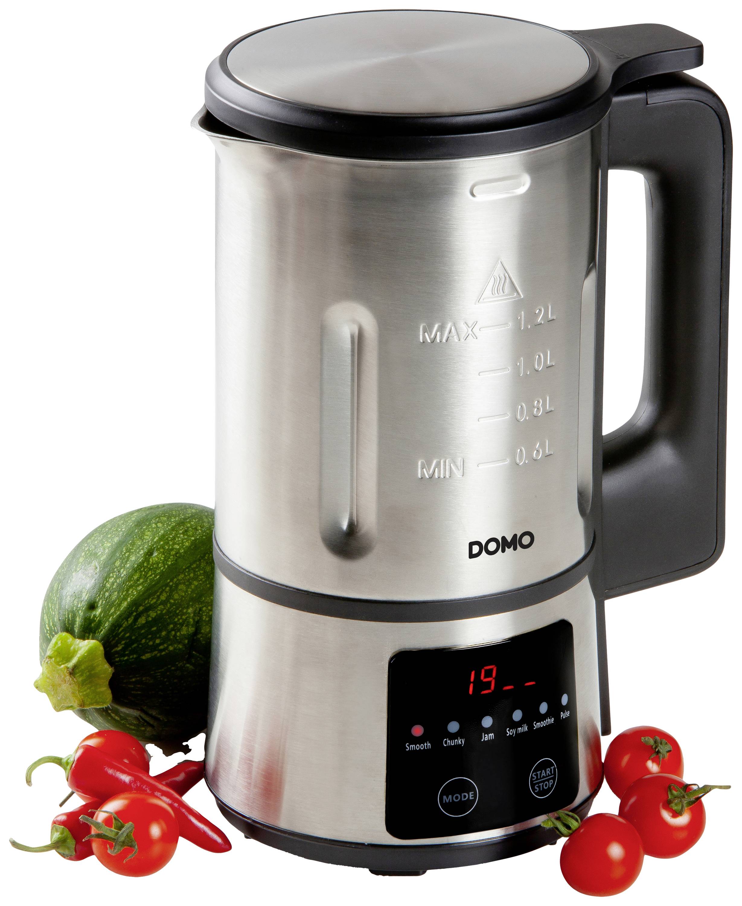 'Edelstahl-Suppekocher mit digitalem Display, umgeben von frischen Tomaten und einer Zucchini. Maximalfüllstand: 1,2 Liter.'