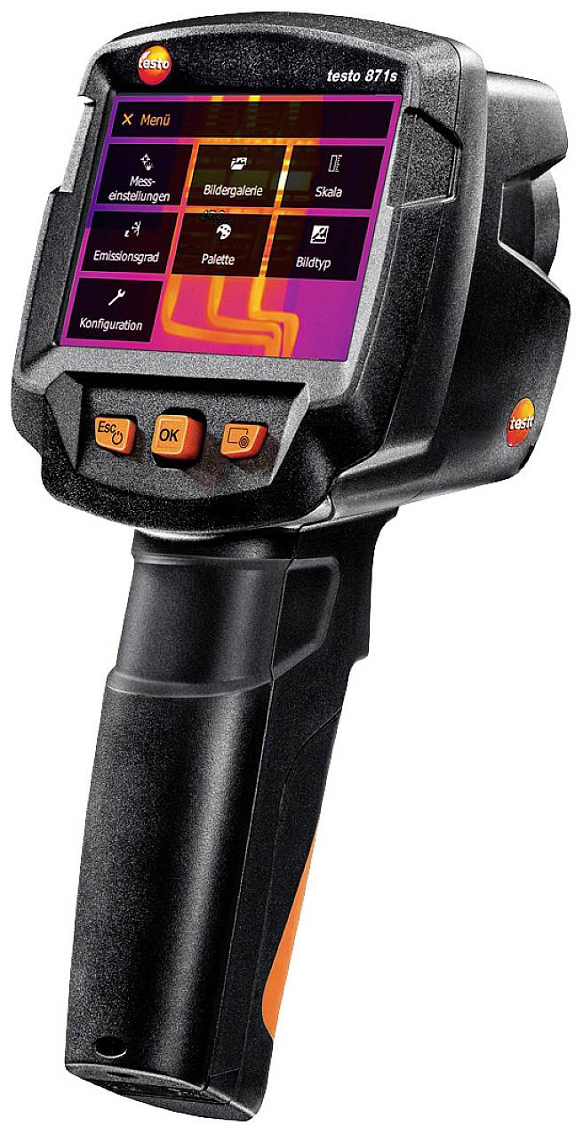 Ein schwarzes Infrarot-Thermometer mit Bildschirm, auf dem Temperaturverteilungen in verschiedenen Farben angezeigt werden.