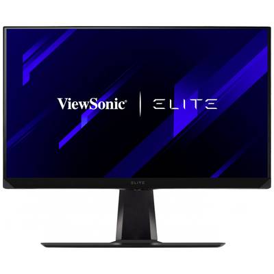 Flacher Computermonitor der Marke ViewSonic ELITE mit schwarzem Rahmen und blauer grafischer Anzeige auf dem Bildschirm.