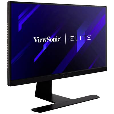 Ein schwarzer Computerbildschirm mit dem Aufschrift 'ViewSonic ELITE', auf einem Tisch stehend, vor einem blauen Hintergrund.