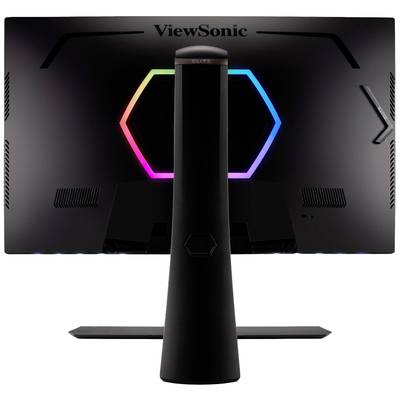 Ein schwarzer ViewSonic Monitor von hinten, mit einem sechseckigen LED-Leuchtring in verschiedenen Farben in der Mitte.