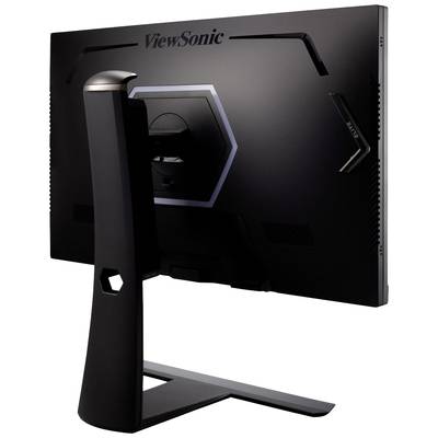 Ein ViewSonic-Monitor von hinten; zeigt den Ständer und die Rückseite mit markantem sechseckigem Design.