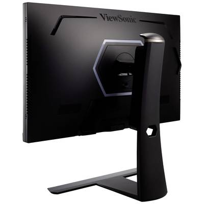 Ein Monitor von hinten mit stilvollem schwarzen Design und eckiger Standfuß, zeigt Markenname 'ViewSonic'.