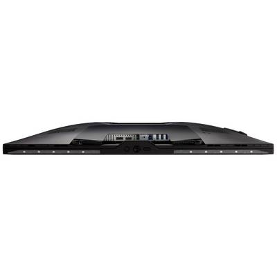 Rückansicht eines schwarzen Computermonitors mit mehreren Anschlüssen, darunter HDMI, USB und DisplayPort, oben erkennbar.