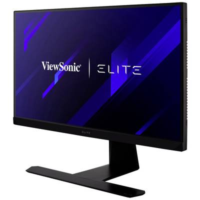'ViewSonic Elite Monitor' in Seitenansicht mit blauem Hintergrund auf Bildschirm, betont modernes Design und schlanken Fuß.