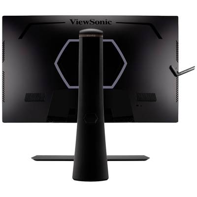 'Rückansicht eines ViewSonic-Monitors mit ergonomischem Standfuß und sechseckigem Muster auf der Rückseite des Displays.'