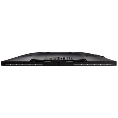 Rückansicht eines Monitors mit mehreren Anschlüssen, darunter HDMI, DisplayPort und USB-Anschlüsse, betont Konnektivität.