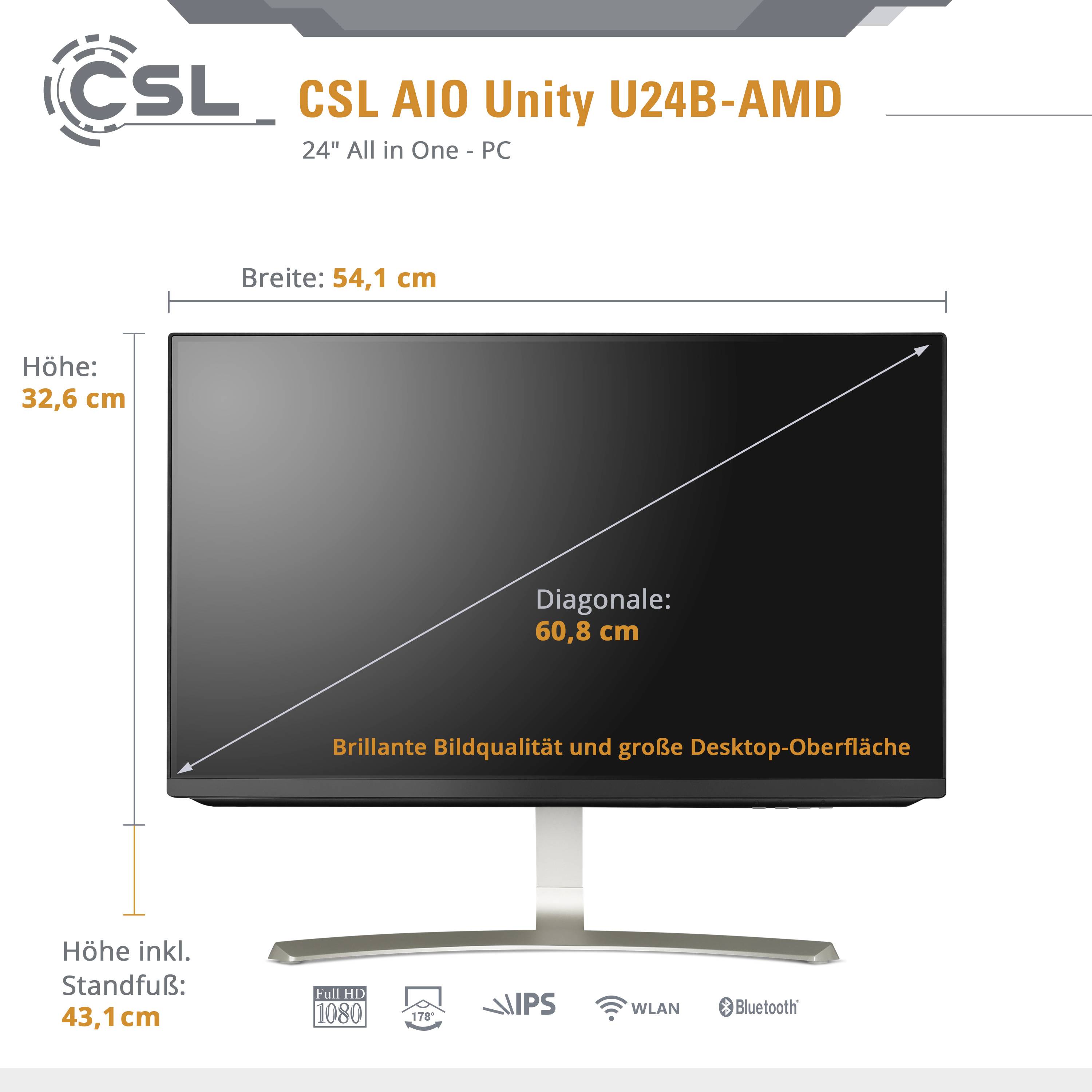 All-in-One-PC mit 60,8 cm Bildschirmdiagonale, Höhe 32,6 cm, Breite 54,1 cm. Aufschrift: 'Brillante Bildqualität'.
