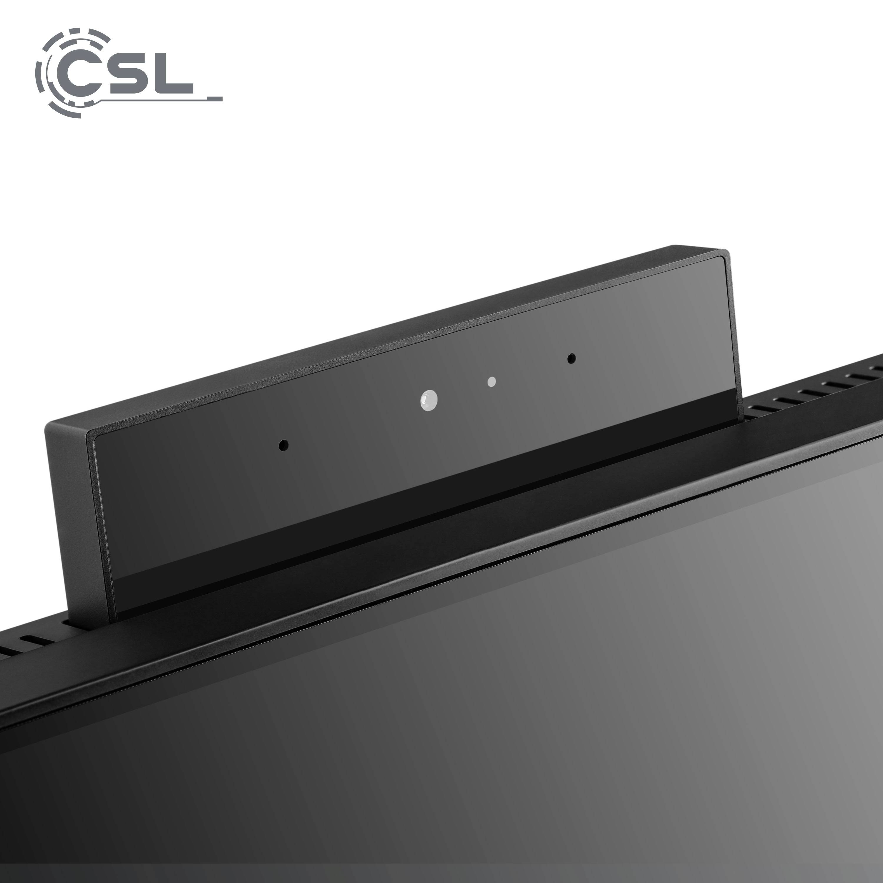 Eine schwarze Webcam oberhalb eines Computerbildschirms, mit zwei kleinen Löchern für Mikrofone und einem Kamerasensor in der Mitte.