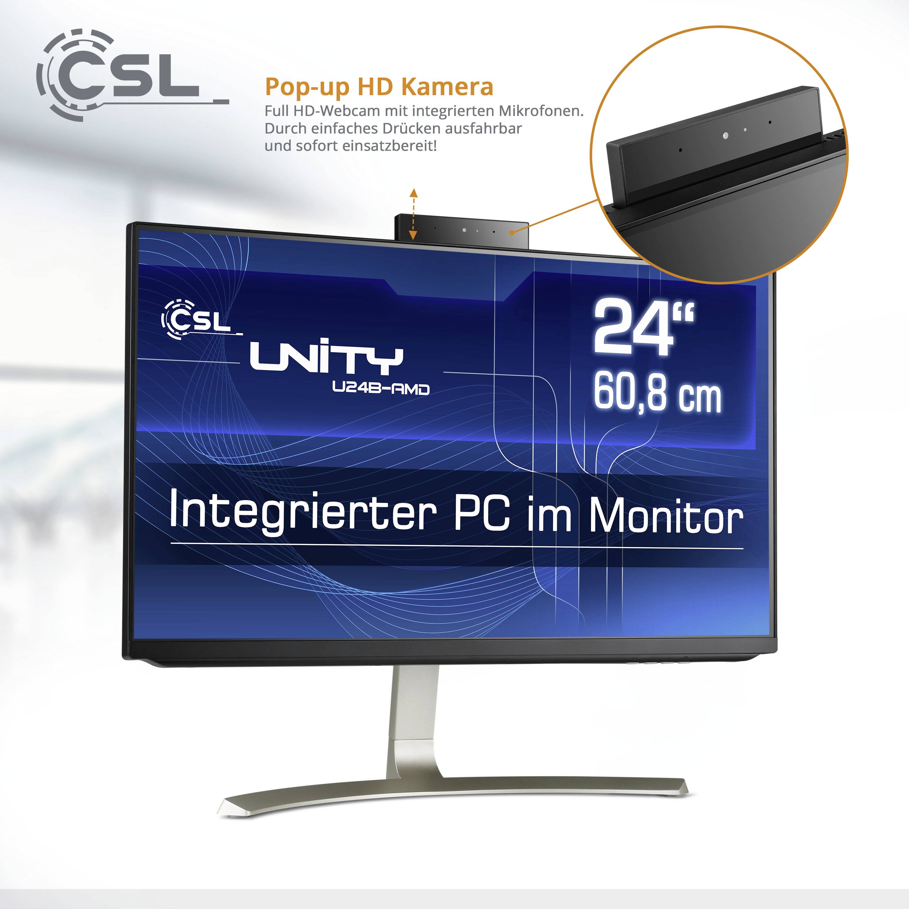 'Integrierter PC im Monitor' zeigt einen Bildschirm mit 24 Zoll Größe und integrierter Pop-up HD Kamera mit Mikrofonen.