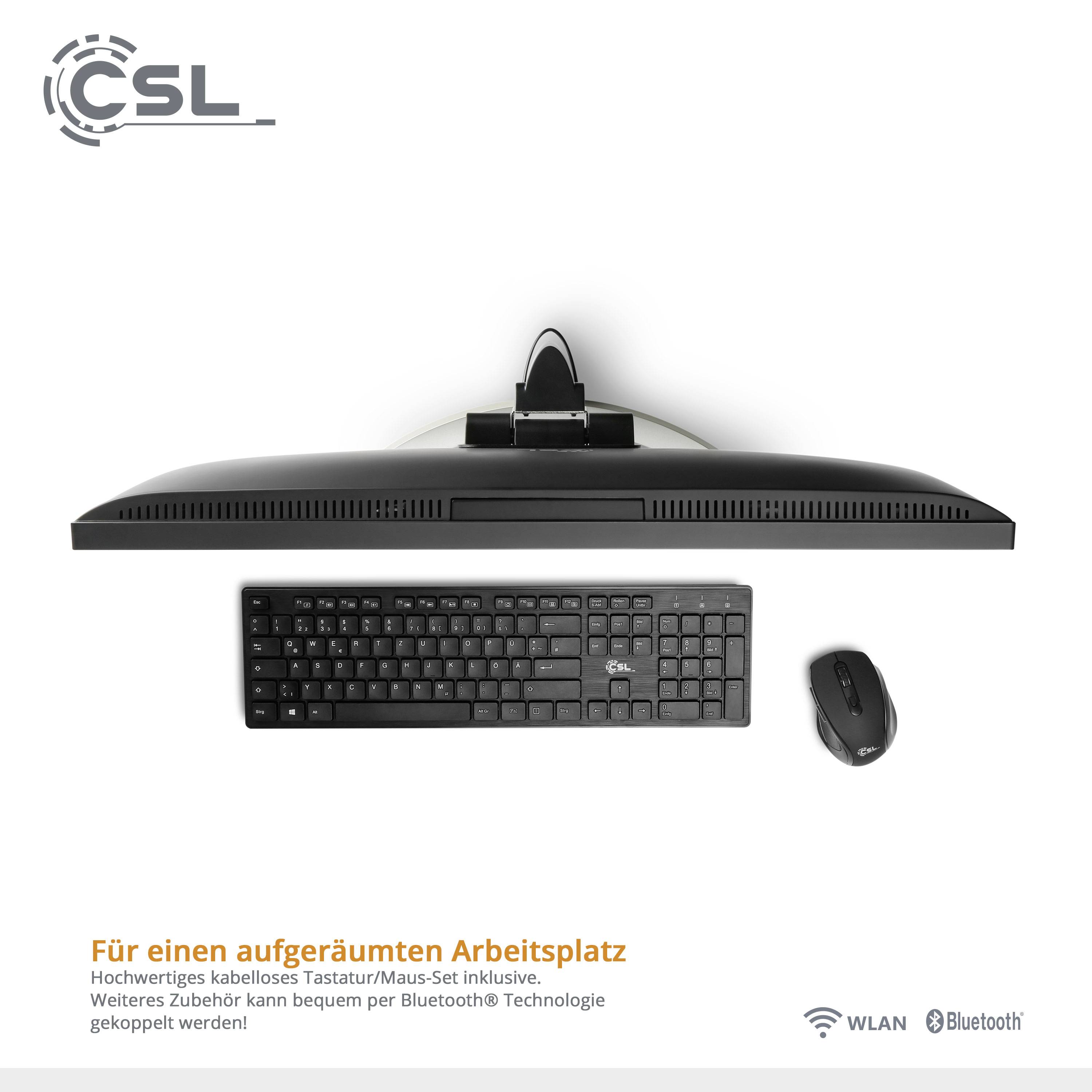 Obenansicht eines Computermonitors mit kabelloser Tastatur und Maus. Text: 'Für einen aufgeräumten Arbeitsplatz'. Symbole für WLAN und Bluetooth.
