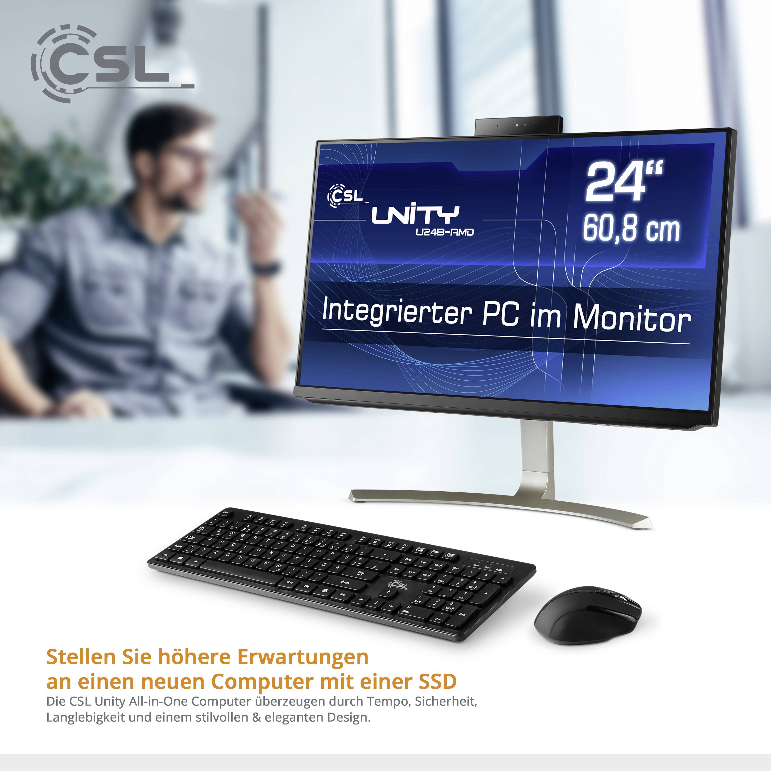 Ein Monitor zeigt 'CSL Unity', 24 Zoll, mit integriertem PC. Auf dem Tisch liegen eine Tastatur und Maus. Text hebt Computervorteile hervor.