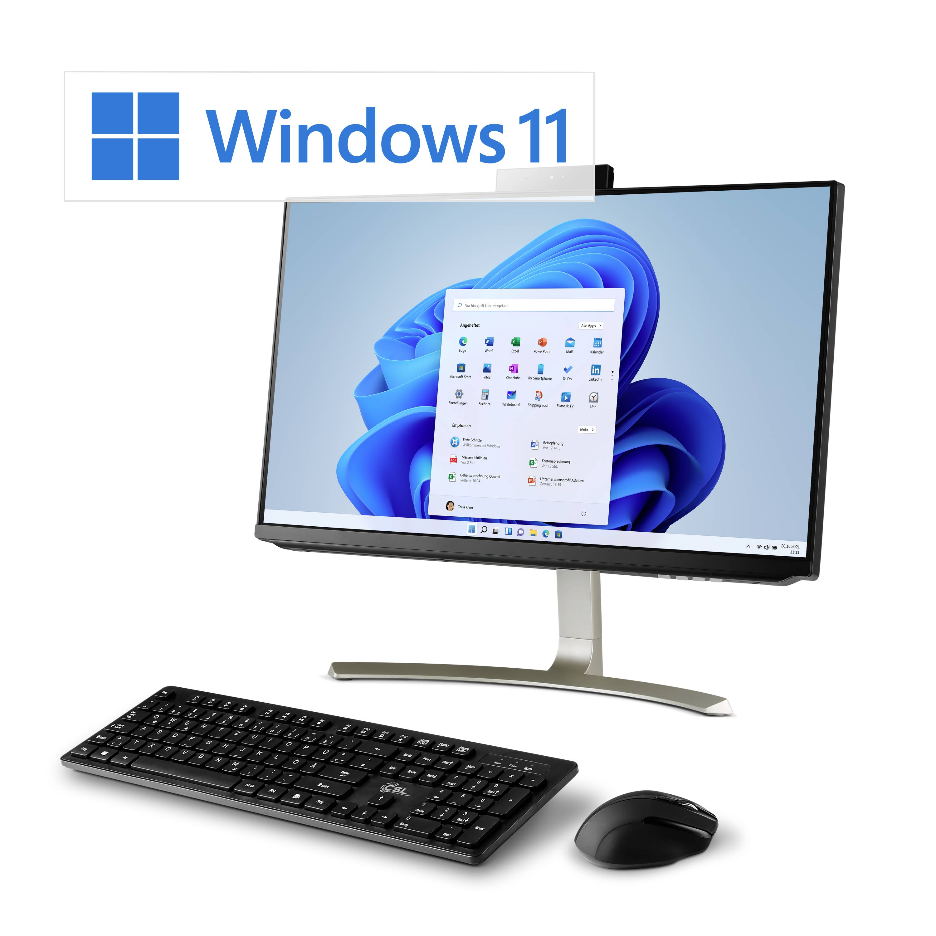 Ein Desktop-Computer mit Bildschirm zeigt Windows 11-Startbildschirm. Daneben eine Tastatur und Maus. 'Windows 11'-Logo oben links.