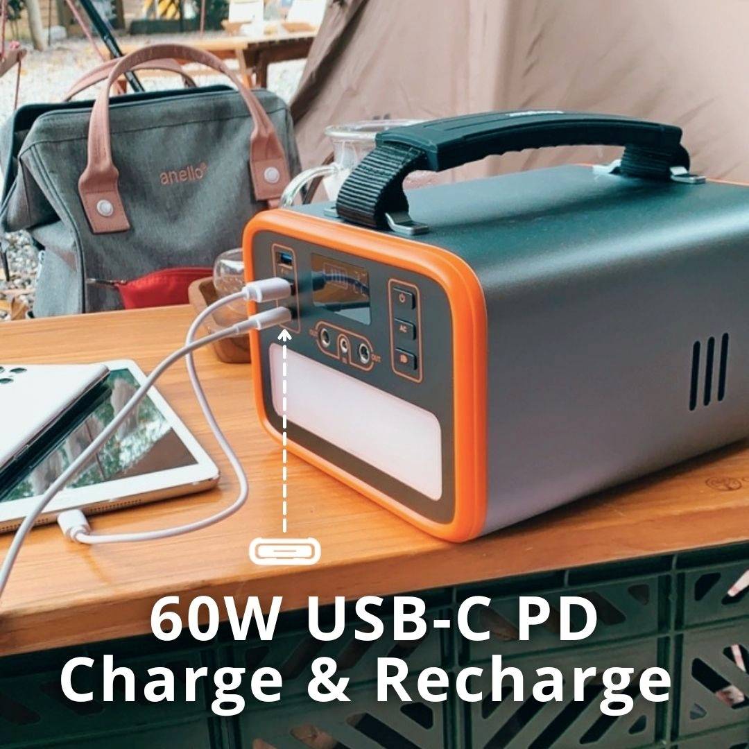 Tragbare Powerstation mit angeschlossenen Geräten auf einem Tisch, zeigt 60W USB-C PD Ladefunktion. Hintergrund: Rucksack.