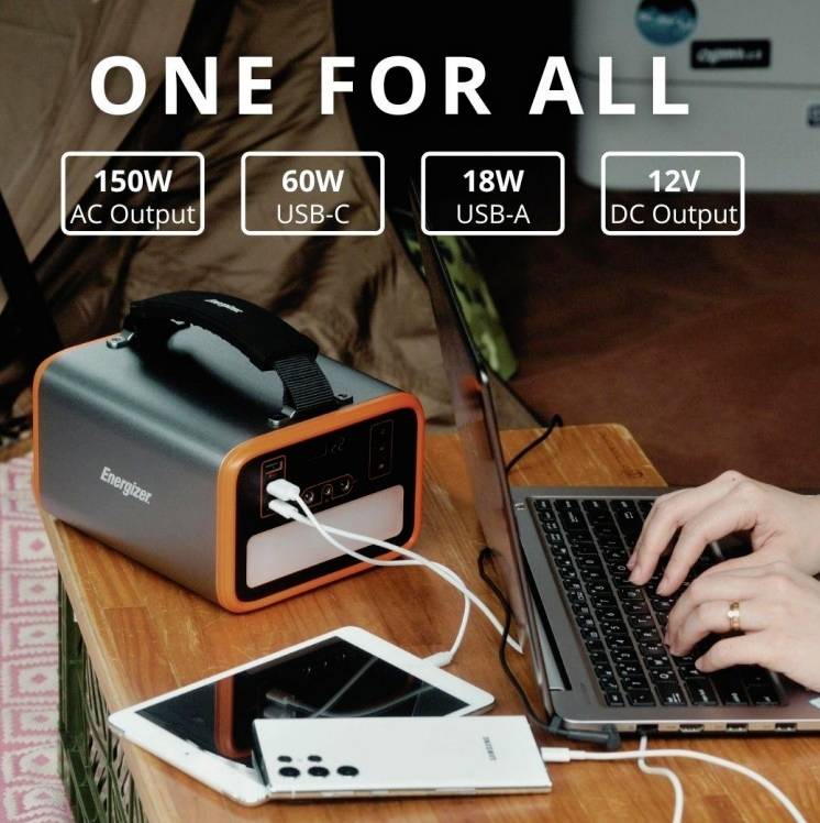 Ein tragbares Kraftwerk lädt ein Laptop und ein Handy auf. Text 'ONE FOR ALL' und Leistung: '150W', '60W', '18W', '12V' oben.
