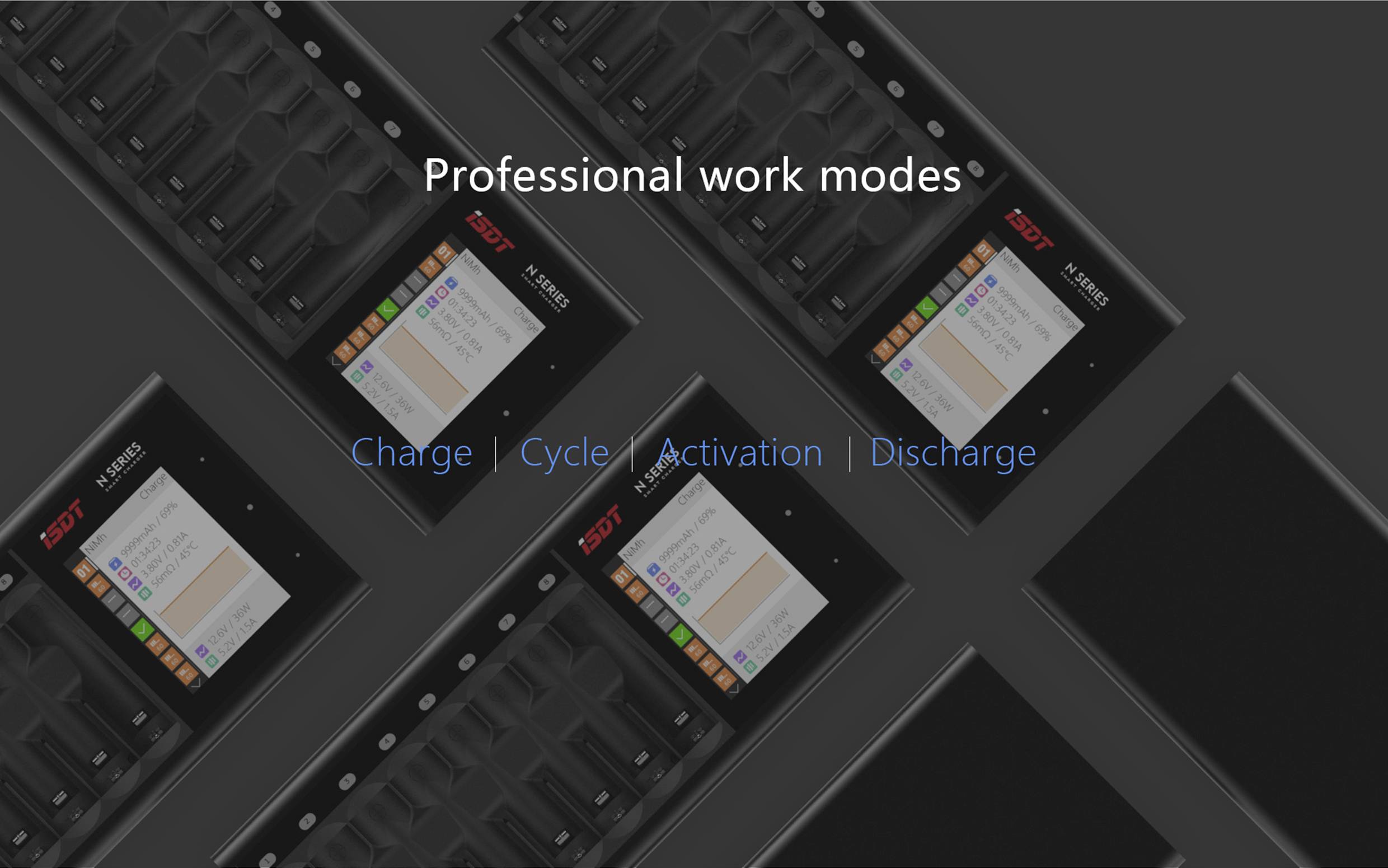 'Ladegerät mit Display zeigt Modi: Charge, Cycle, Activation, Discharge. Professionelle Arbeitsmodi.'