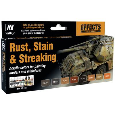 'Verpackung von Vallejo, enthält 8 Acrylfarben für Modelle und Miniaturen. Rote, braune, ockerfarben für Rosteffekte auf Panzern.'