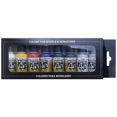Acht Flaschen Model Air-Farben in verschiedenen Farben in einer Verpackung, beschriftet mit 'Colors for Models & Miniatures' oben.