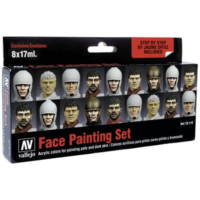 'Acrylfarben-Set für Gesichtsbemalung, enthält Anleitungen. Abgebildet: bemalte Miniaturen mit verschiedenen Hauttönen.'