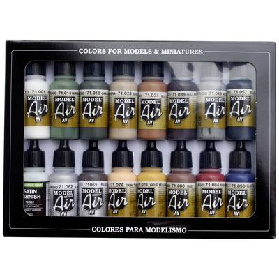 'Set von 16 Modellfarben für Modelle und Miniaturen, verschiedene Farbtöne in Plastikflaschen, Markierung "Model Air".'