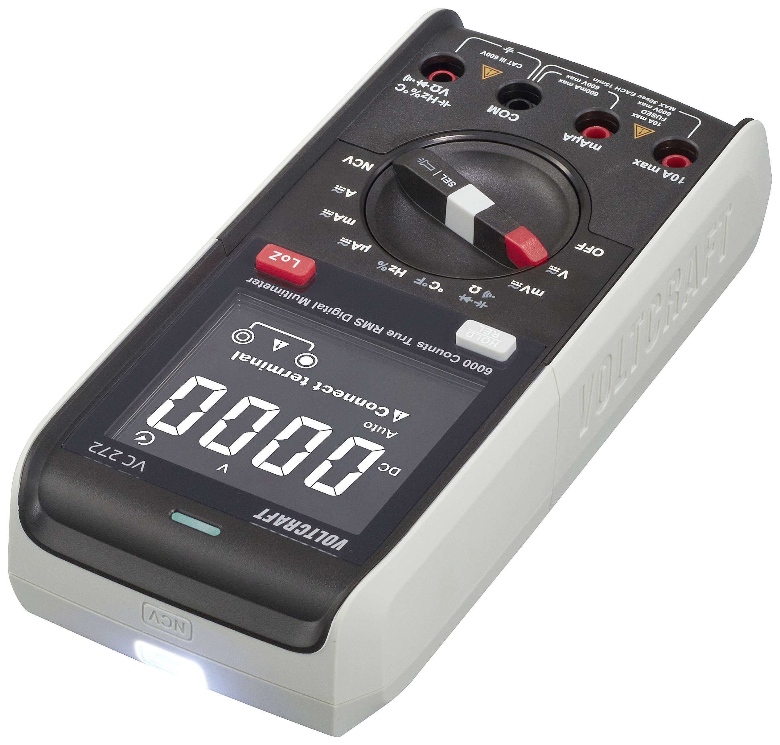 Digitales Multimeter zeigt '0.000 V' auf dem Display an; Schalter auf 'V DC' eingestellt, beleuchtete Taste unten, Markenname auf der Seite.